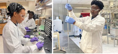 Photos for newsletterEWD 8.jpg Left: Teah Scott from Howard University, REU student who participated in the REM program in 2021, conducts an experiment in Professor Raj Gounder’s lab. Right: Kayla Richardson from North Carolina A&T in Professor Jeff Miller’s lab