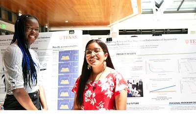 Photos for newsletterEWD 3.jpg Young Scholars Favour Onafeso, Professor David Allen’s lab, and Lillyanna Castillo, Professor Joan Brennecke’s lab, present at the UTA.